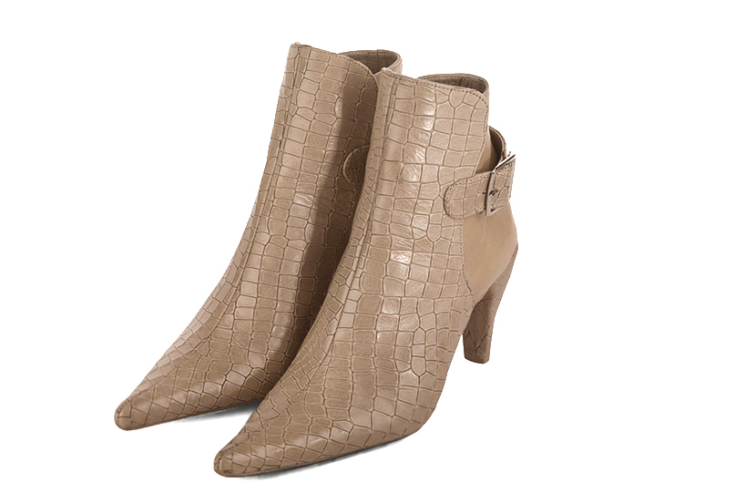 Tan beige women's ankle boots with buckles at the back. Pointed toe. High slim heel. Front view - Florence KOOIJMAN